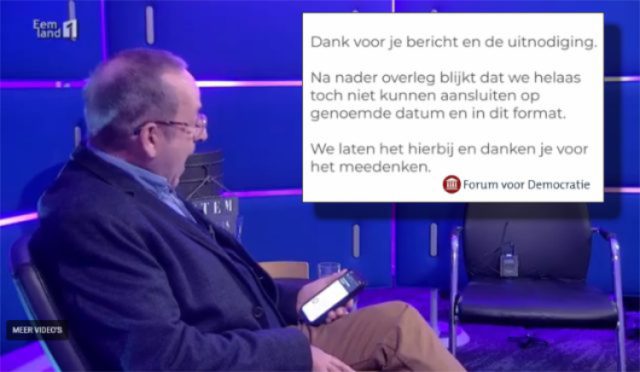 Een legen stoel tijdens interview Forum voor Democratie Een legen stoel tijdens interview Forum voor Democratie